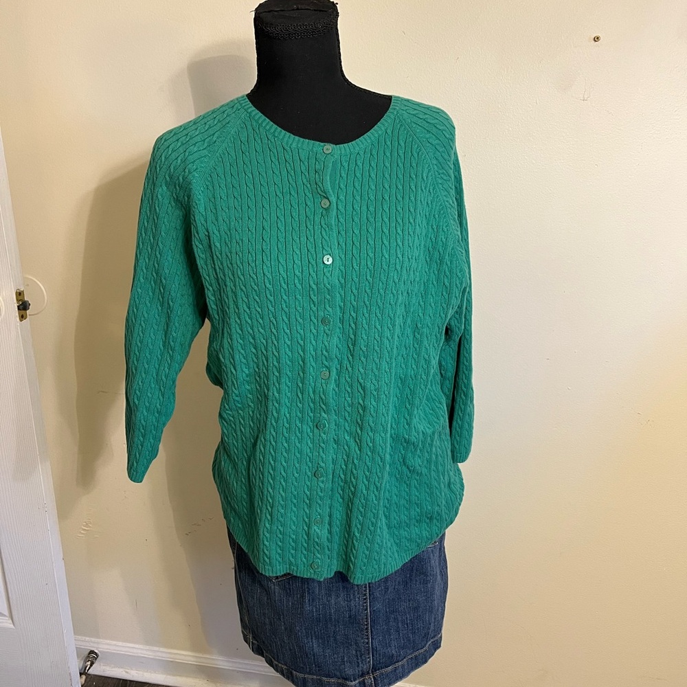 L.L. Bean Green Cable-Knit Button Cardigan
